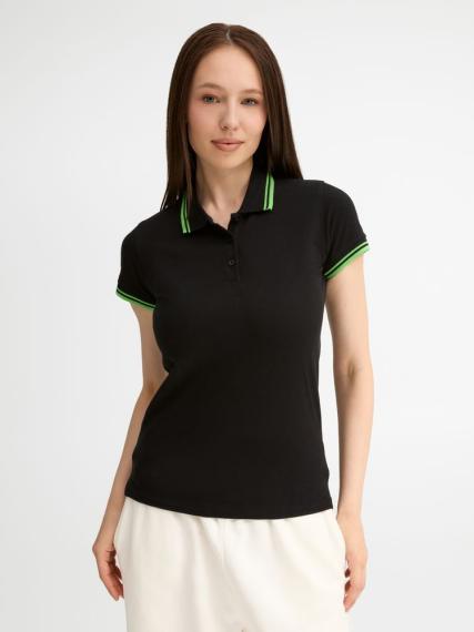 Рубашка поло женская Pasadena Women 200 с контрастной отделкой, черный/зеленый, размер S